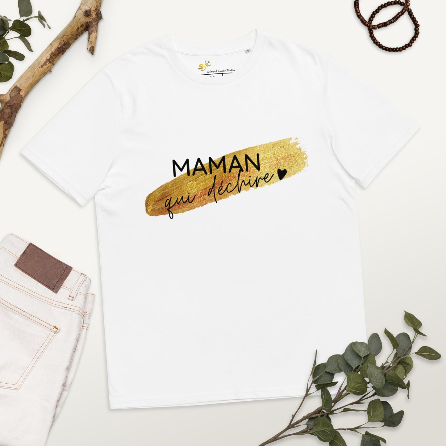 T-shirt blanc en coton biologique Maman qui déchire